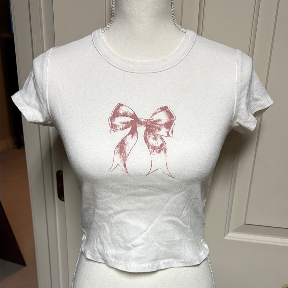 Altar’d State White T-Shirt with Pink Bow Design